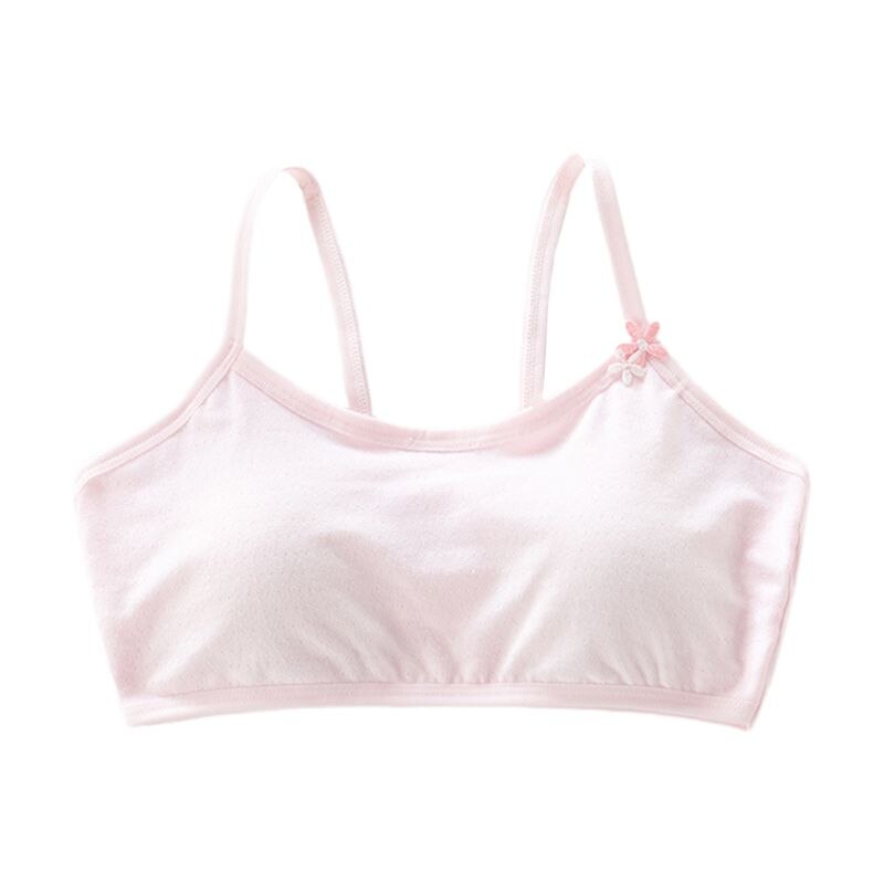 Teenager Puberty Girls Cotton Training Bra Spaghetti Straps Wire Free Sports Underwear Lightly Padded Embroidery Floral Applique: Pink