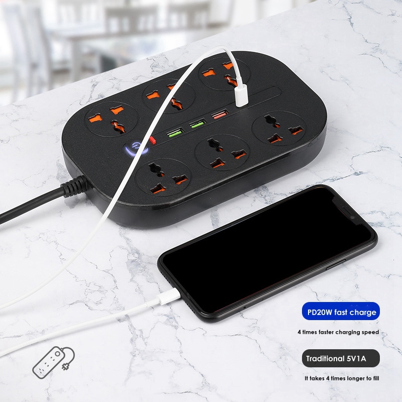 Power Strip Surge Protector With USB C 20W And 6 Outlets Ports 3000W 16A 6.5 Feet Extension Cord For Dorm Home
