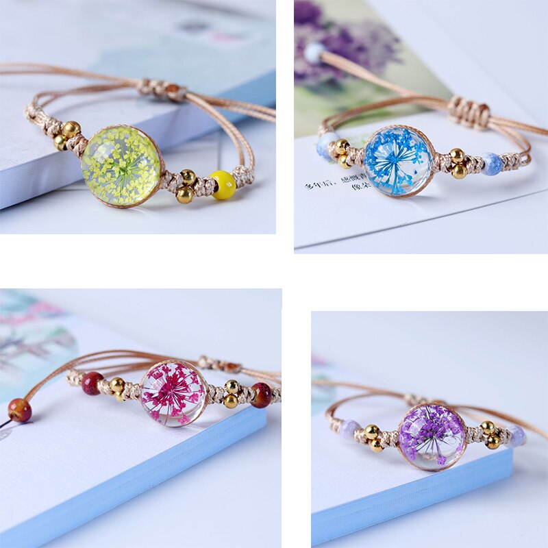 Flor seca romántica japonesa y coreana, cristal transparente, cerámica, cuerda de nailon anudada, pulsera de mujer, símbolo de la feliz