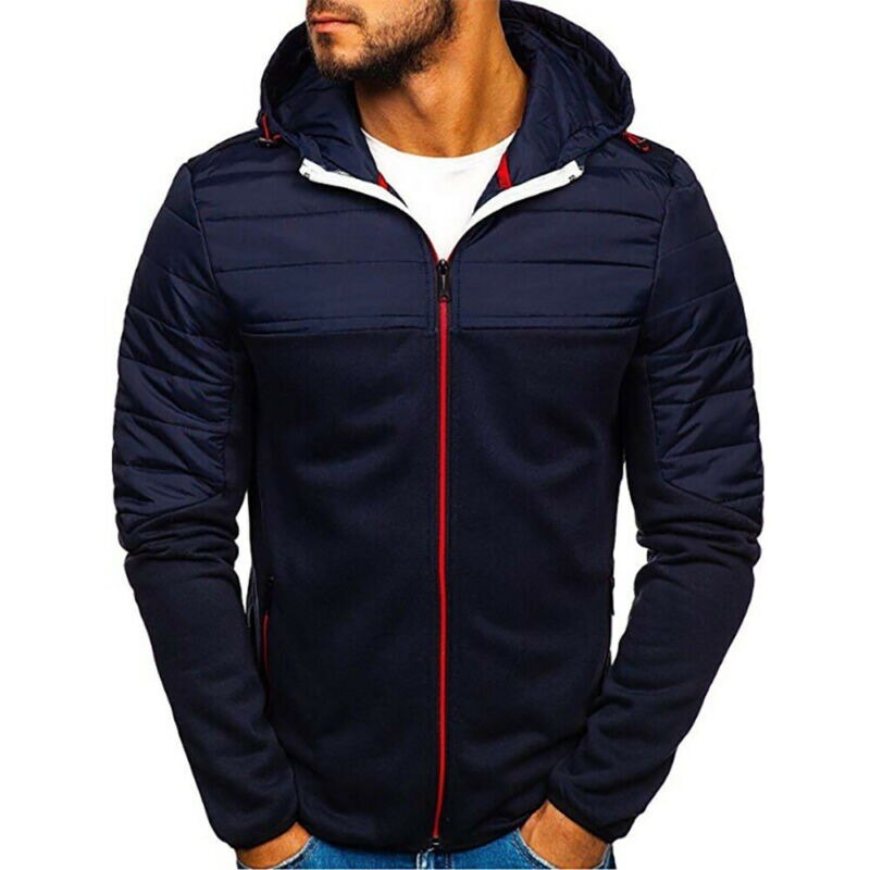 Coats for Men Down Jackets Hooded Fleece Jacket Zipper Casual Winter Coat Male Warm Work Wear Clothes: Navy Blue / L