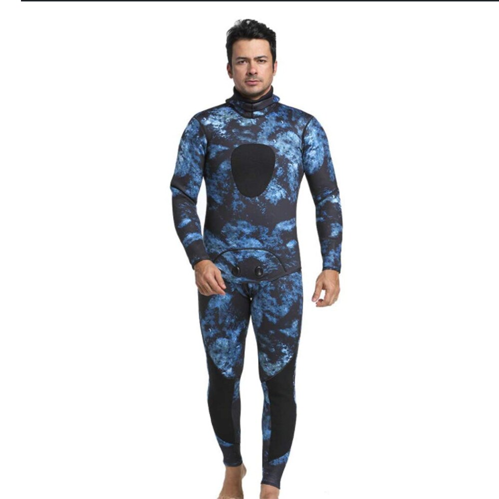 3mm Camouflage Wetsuit Long Sleeve Fission Hooded 2 Pieces Of Neoprene Submersible For Men Keep Warm Waterproof Diving Suit: 3mm Blue Camo / M