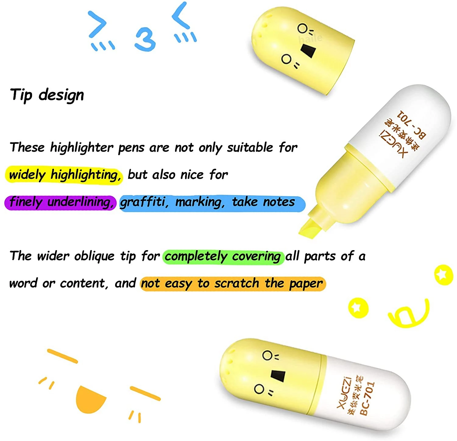 Juego de Mini pastillas resaltadoras Kawaii, rotulador fluorescente con cara sonriente, suministro de papelería artística para escuela y oficina, 6 uds.