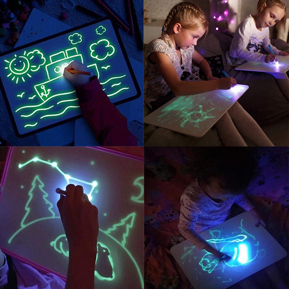 Fluorescerende Tekentafel Tablet Licht Tekening Pad Doodle Schrijfbord Glow In Dark Met Fluorescerende Pen Alfabet Stencil