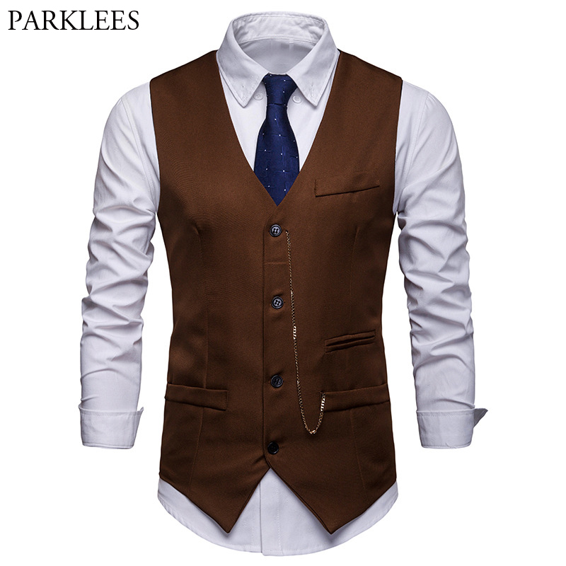 Couleur unie Slim Fit Gilet hommes chaîne décoration simple boutonnage Costume Gilet hommes décontracté Gilet Gilet Costume Homme