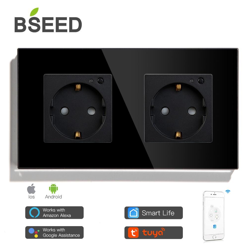 BSEED Single WIFI Power EU Sockets Double Smart Google Alexa Wall Sockets 16A Triple Glass Crystal App Sockets On/Off Switches: DoubleSocket Black