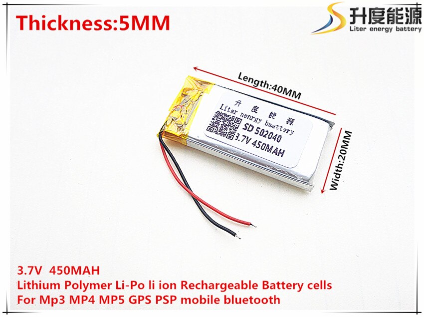 3.7V 450mAh 502040 Lithium Polymer Li-Po li ion Rechargeable Battery cells For Mp3 MP4 MP5 GPS PSP mobile bluetooth