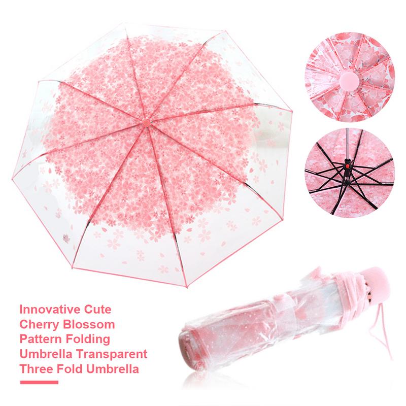 Innovant mignon cerisier fleur modèle pliant parapluie Transparent trois fois parapluie pluie outils transparent