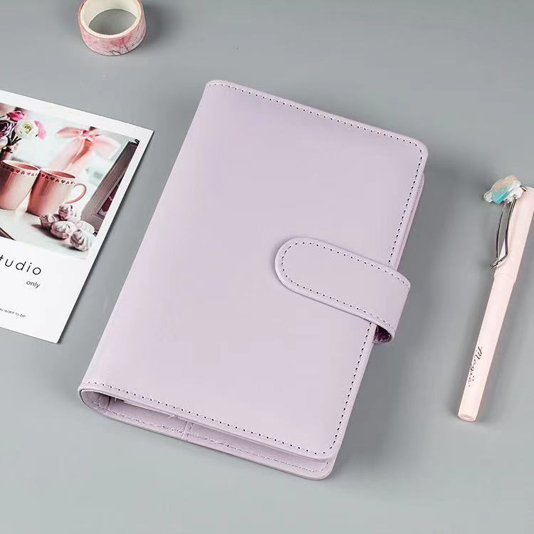 A6 Leather Notebook Binder with Plastic Binder Pockets, Refillable 6 Round Ring A6 Personal Planner Binder Cover with Stickers: purple