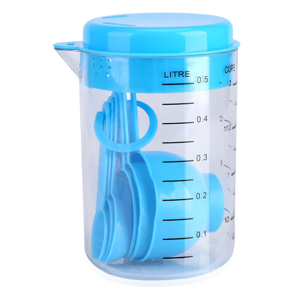Plastic Measuring Cups Spoons Combination Measuring Tea Coffee Kitchen Utensils Baking Tools Baking Tray Kitchen Tools 7 pcs/set: Light Blue