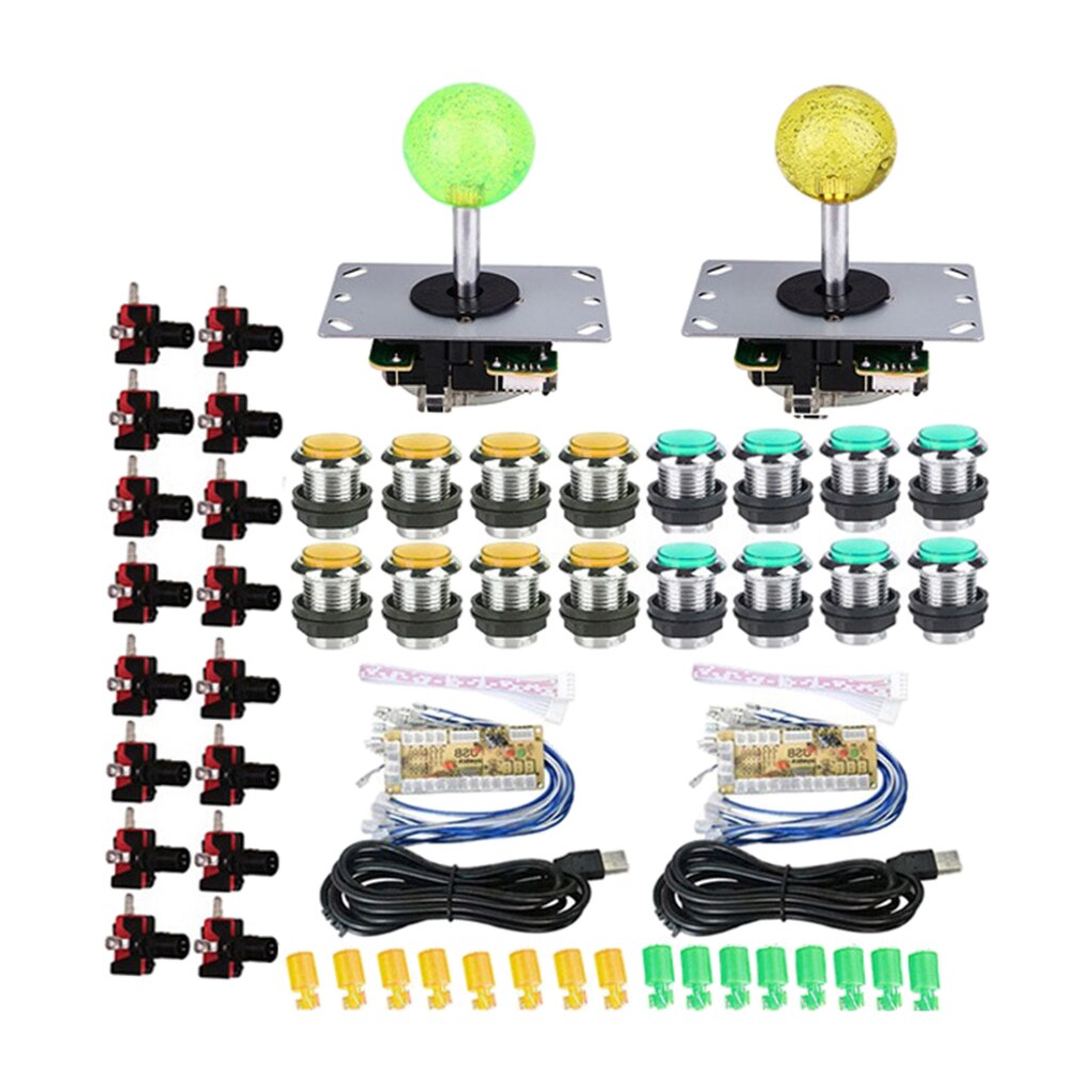 2 Player Arcade Game DIY Kit LED Button for PC Raspberry Pi Arcade Fight Joystick: Green Yellow