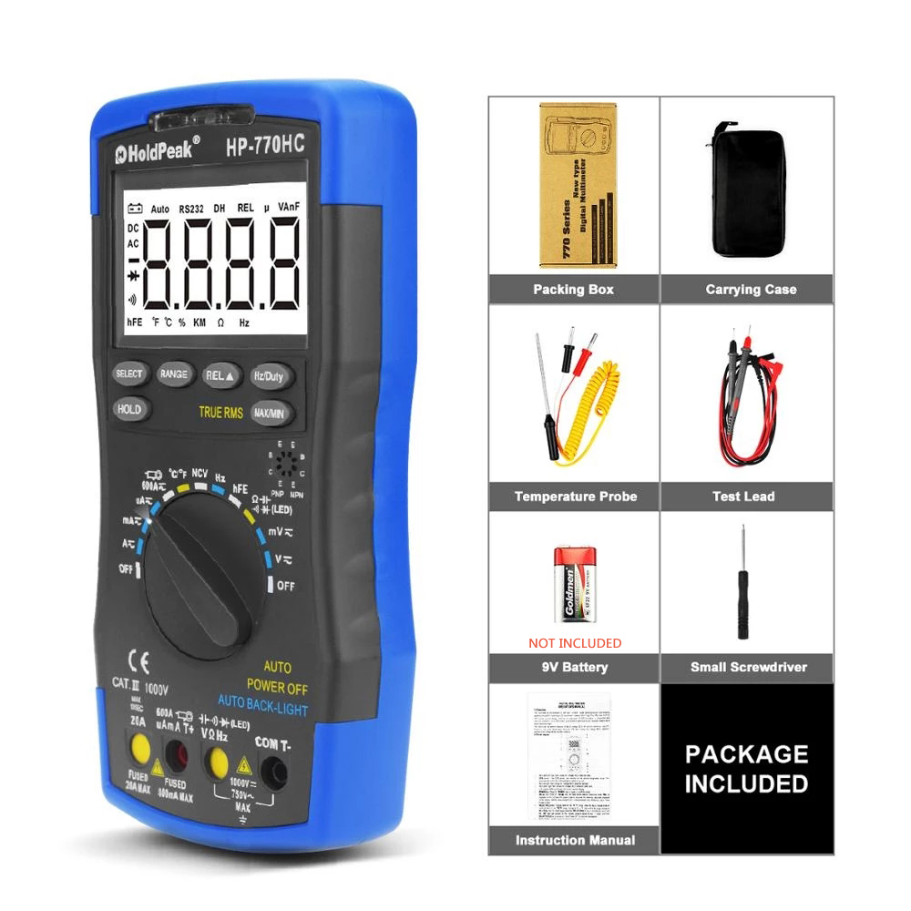 Multimetro HoldPeak HP-770HC True RMS Auto Ranging Digital Multimeter mit NCV Funktion und Temperatur/Frequenz/Duty Zyklus Test