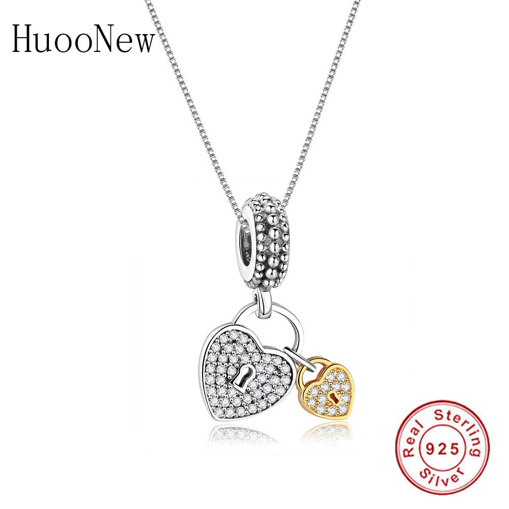 Fit Original Charms Clear Crystal CZ Two Hearts Gold Lock Heart Beads Dangle Jewelry 925 Sterling Silver Jewelry Pendant