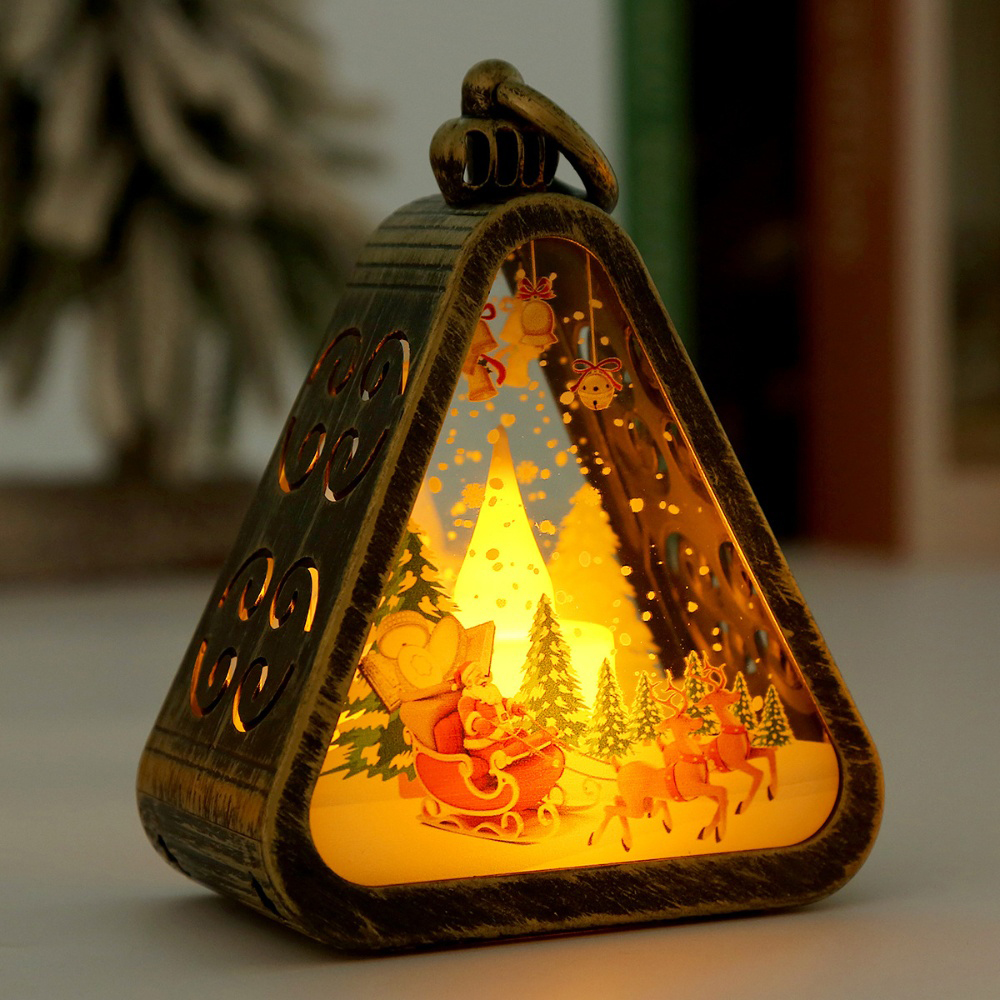 Christmas Triangle Lantern Plastic Santa Claus Snowman Tree Festival Lamp Mini Table Ornaments Home Decoration Party Scene Props: light yellow