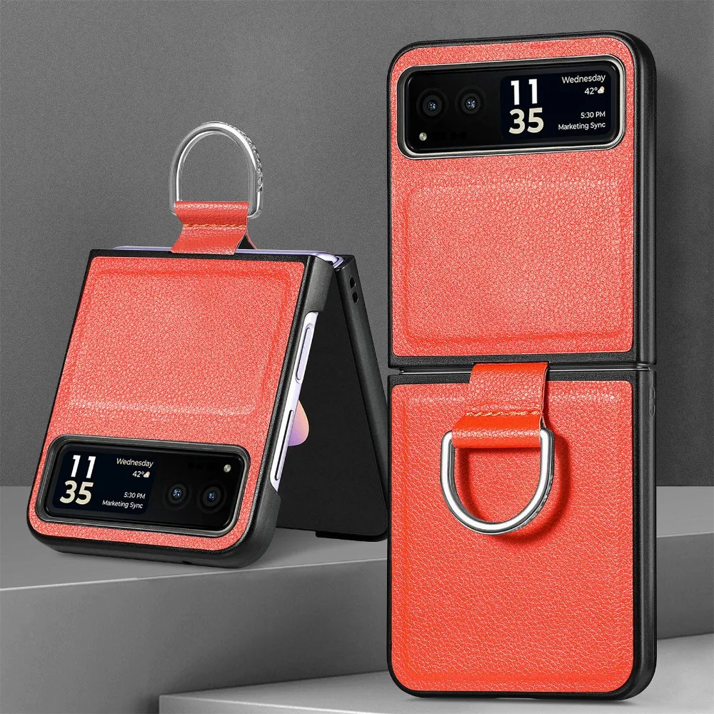 Capa de telefone luxuosa de couro pu para motorola moto razr 60 50 40 ultra com anel padrão de lichia pu tela dobrável capa protetora traseira: Laranja / Razr 50 Motorola