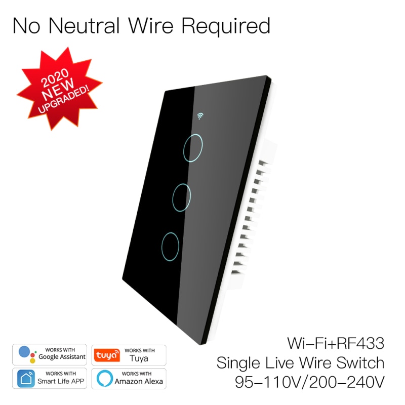 RF433 WiFi Smart Wall Touch Switch No Neutral Wire Needed Smart Single Wire Wall Switch Work With Alexa Google Home US Plug