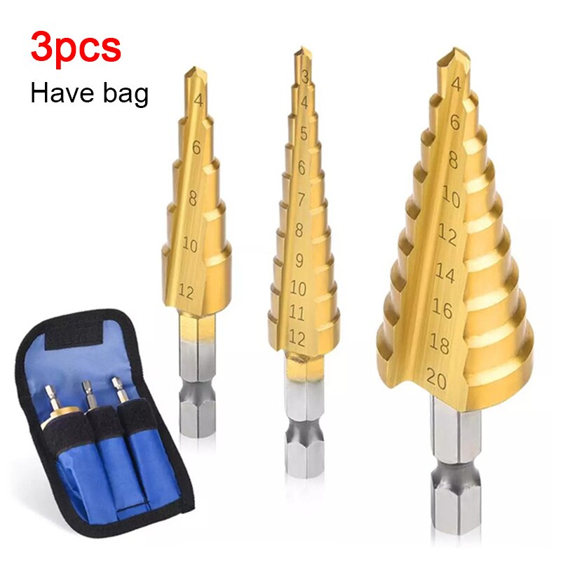 3-12mm 4-12mm 4-20mm HSS Straight Groove Step Drill Bit Set Titanium Coated Wood Metal Hole Cutter Core Drill Bit Set: 3-12 4-12 4-20 bag
