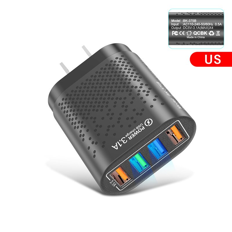USLION 48W ładowarka USB szybkie ładowanie QC 3.0 ściana ładowanie dla iPhone 12 11 Samsung Xiaomi Mobile 4 porty ue usa wtyczka Adapter podróży: Black US