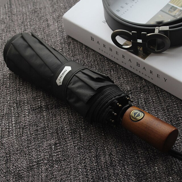Parachase Automatische Regenschirm Männer Business 10 Rippen Holz Griff Golf Sonnenschirme Winddicht Anti UV Sonnenschirm Feine Regenschirm UPF50 +: Black