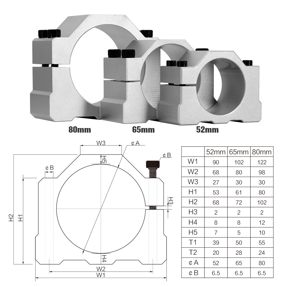 CNC spindle bracket diameter 52mm 65mm 80mm Aluminum alloy spindle clamp with 4 pcs Mounting screws for CNC part