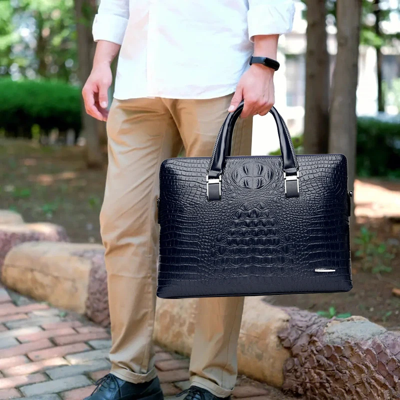 Briefcase Bag for Man PU Leather Crocodile Tote Handbag Laptop 14 Male Shoulder Business Messenger Crossbody Side WT201