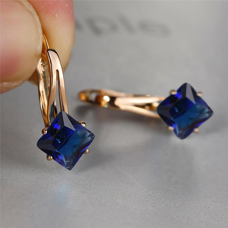 Brincos de casamento de cor de ouro rosa antigo arco-íris zircão quadrado brincos de pedra moda multicolorido cristal hoop brincos para mulher: Blue