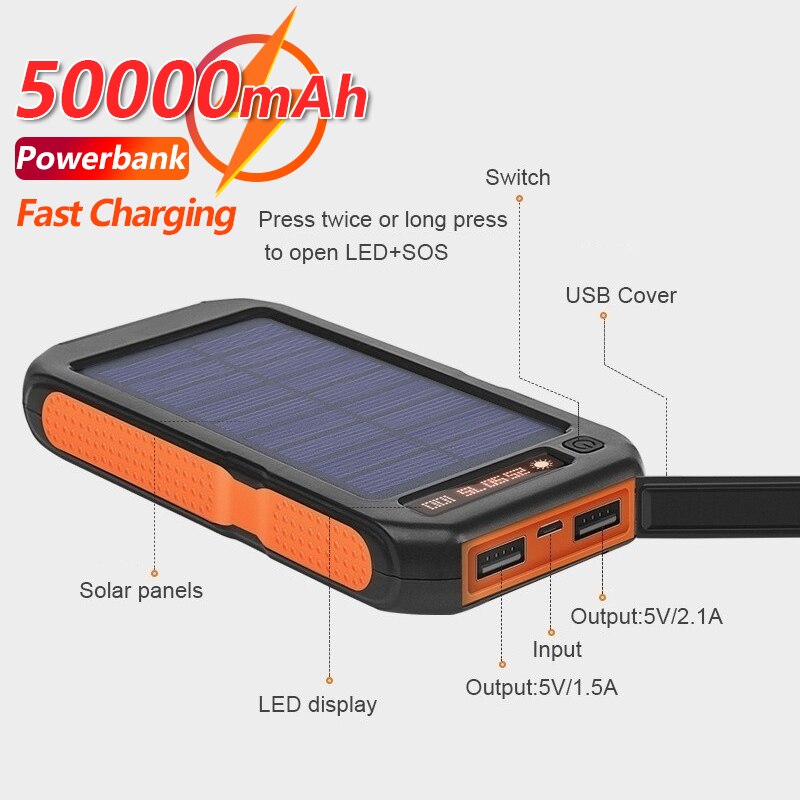 50000Mah Solar Power Bank Waterdicht 2USB Outdoor Emergency Backup Batterij Led Zaklamp Draagbare Oplader Mobiele Power Pack