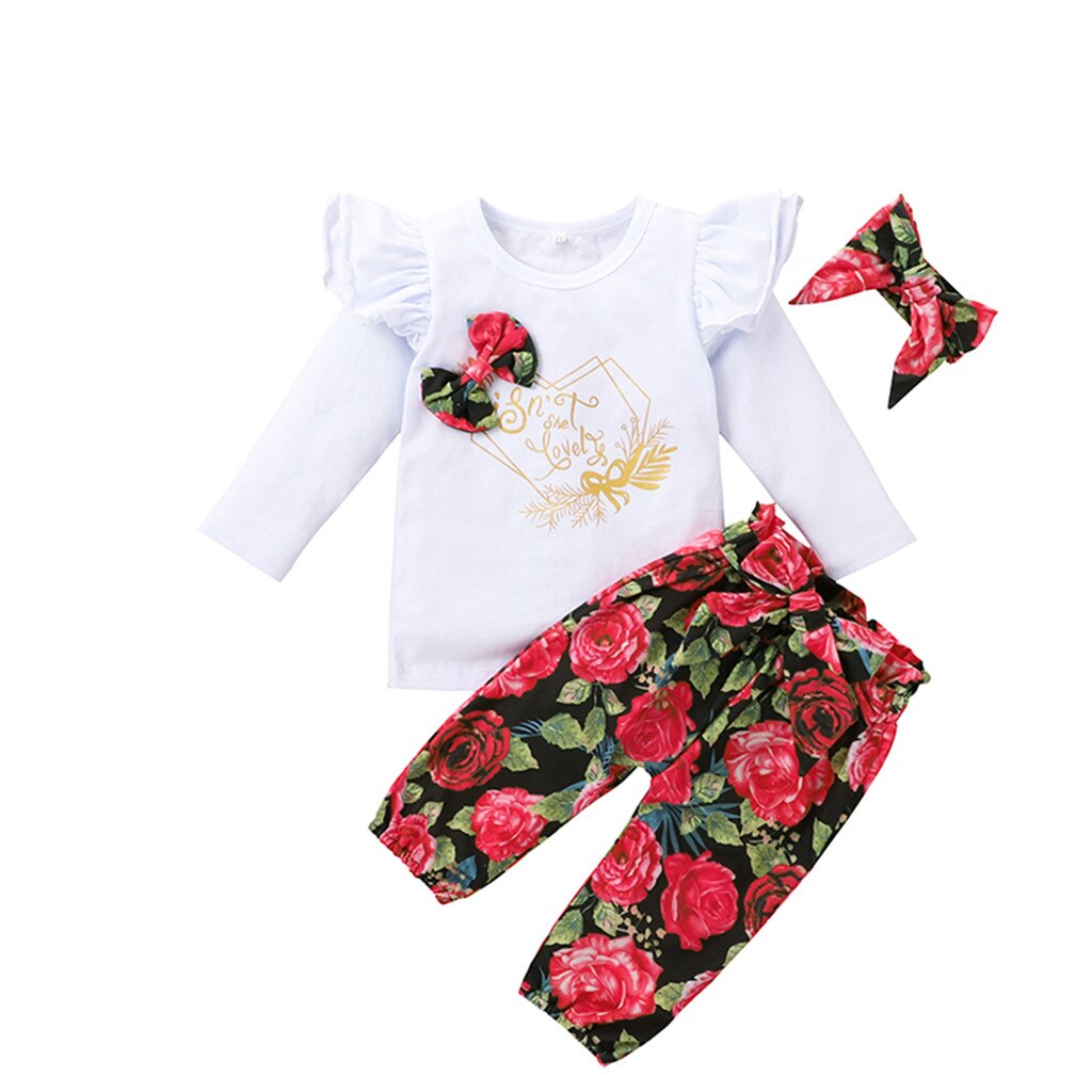 Scherza i vestiti delle ragazze Del Bambino Alfabeto Stampa Magliette E Camicette + Pantaloni Del Fiore + Bowknot Outfits Copre Gli Insiemi Dei Vestiti di trasporto libero ropa de niña # L35: 18m