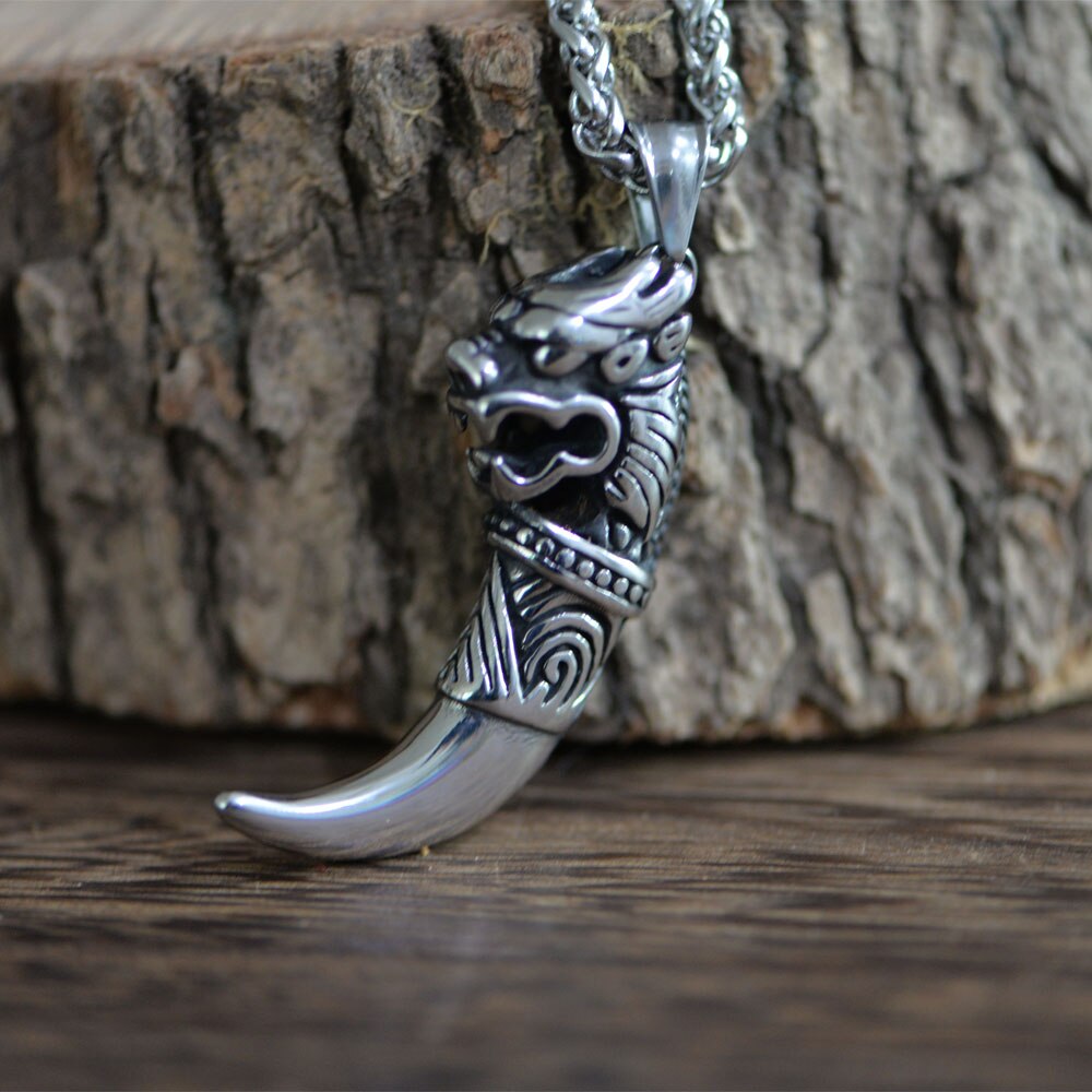 LANGHONG 1pcs Norse Stainless Steel Necklace Wolf tooth Necklace For Men