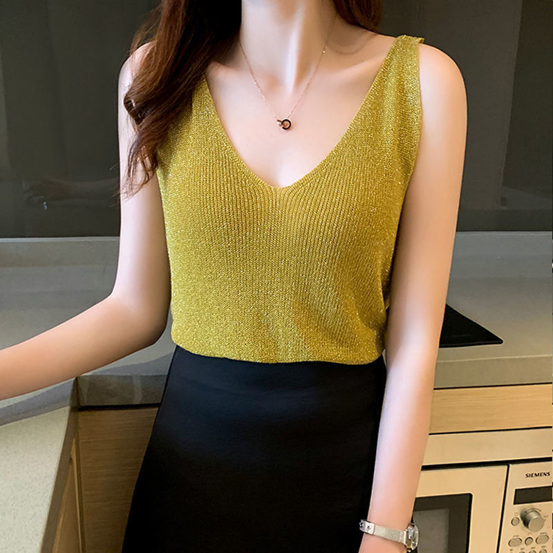 Canotta in seta di ghiaccio da donna 2025 Estate Nuovo maglione lavorato a maglia con scollo a V Interno che copre la pancia Camicia base All-match Top dimagrante Esterno We: L / Oro