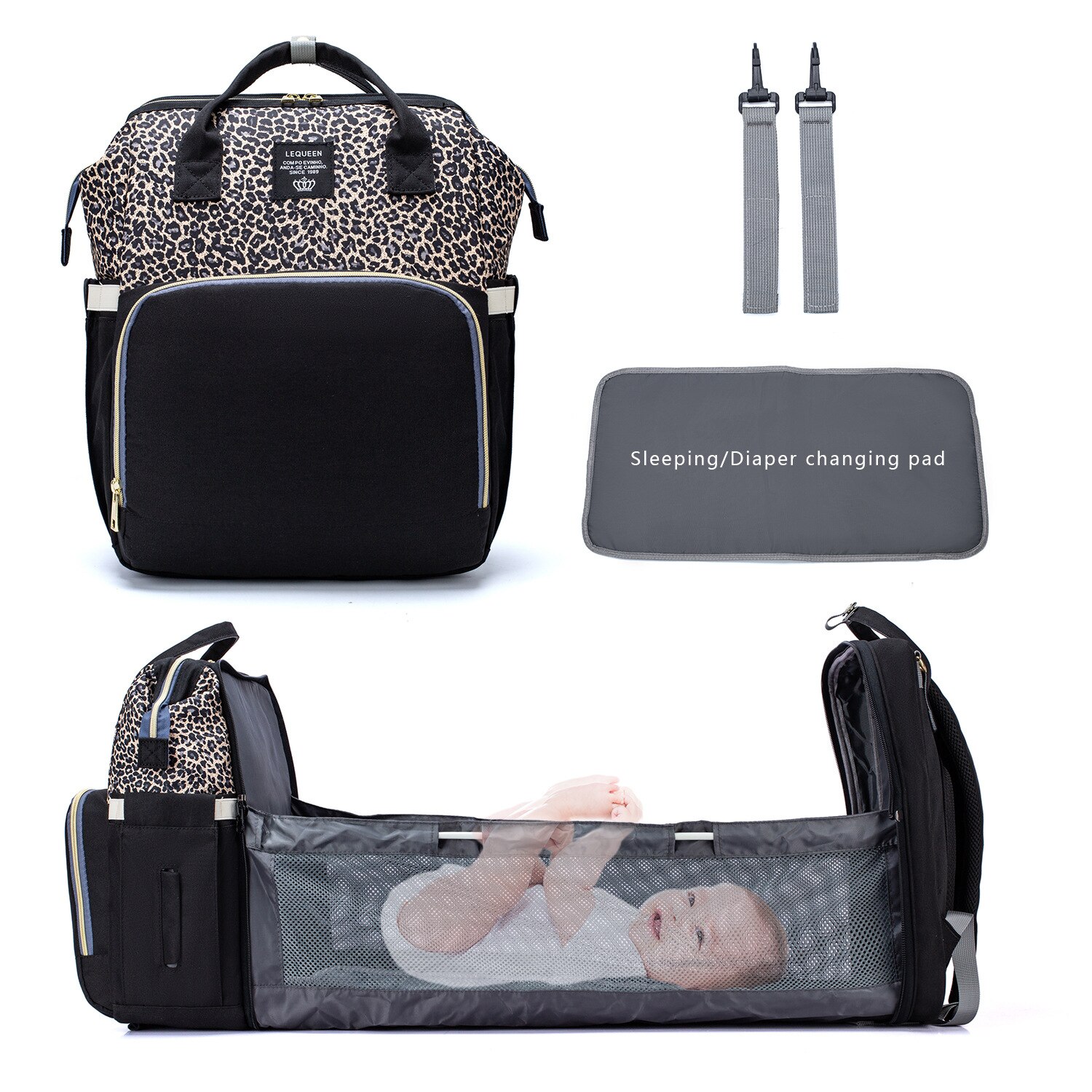 Lequeen – sac à langer en tissu imperméable pour maman, de berceau, sac à dos à crochets pour matelas à langer, sac de lit de maternité LPB22: LPB22-Leopardcoffee