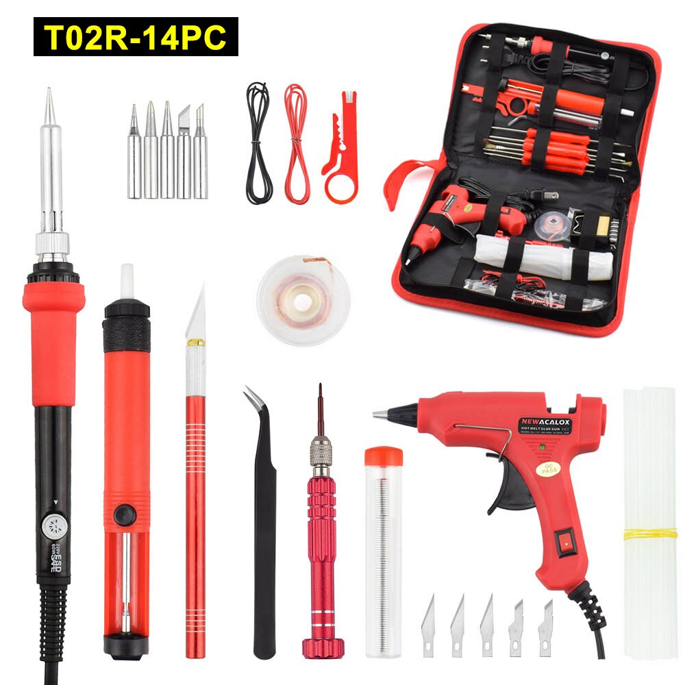 NEWACALOX Adjust Temp EU/US 60W ESD Soldering Iron Kit Welding Tool Set with Multimeter Glue Gun Solder Assist Set Repair Tools