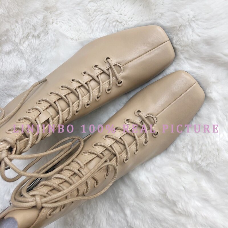 Linjinbo herfst vierkante neus kruisgestrikte hoge hakken laarzen dames kameelkleurige enkellaarsjes voor dames pu leren damesschoenen