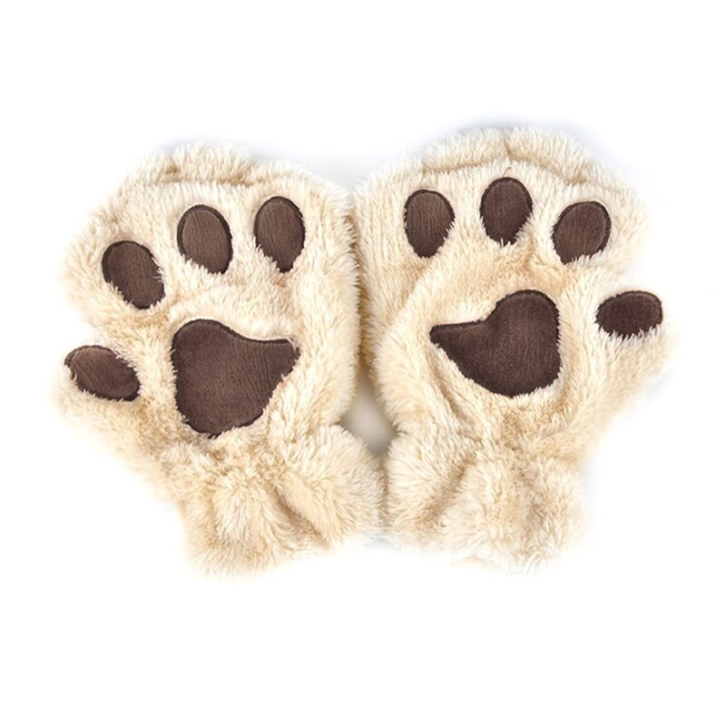 Winter Women Cute Cat Paw Claw Plush Mittens Short Fingerless Finger Half Gloves -Y107: Beige