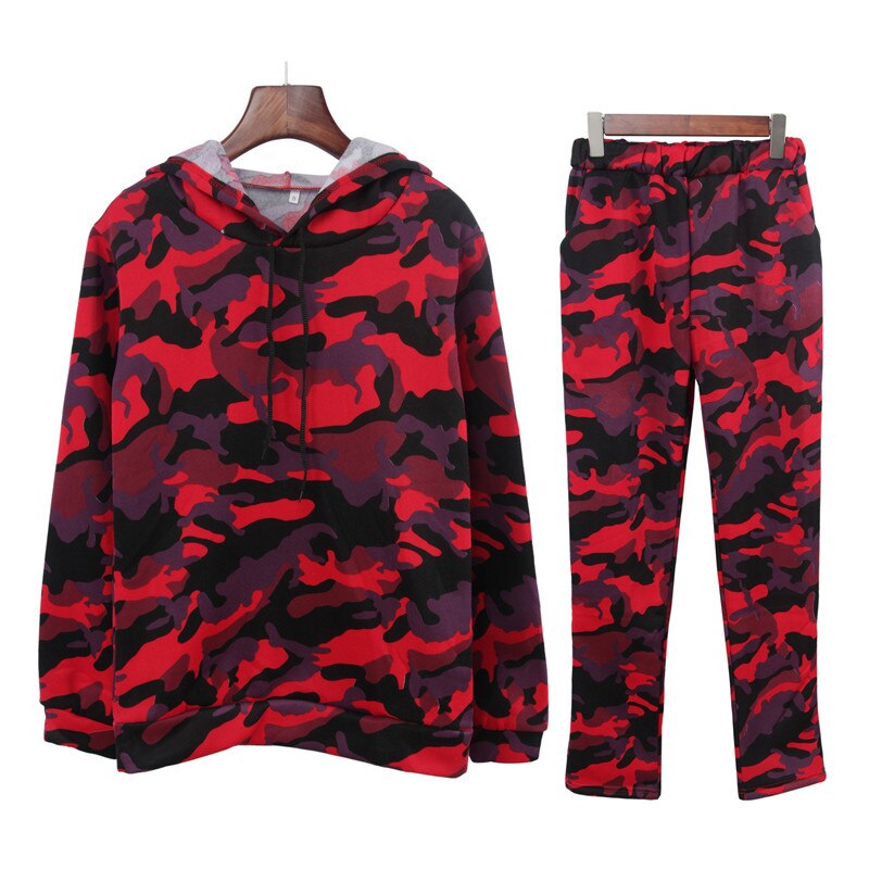 Herfst camouflage trainingspak joggingpakken voor dames pullover plus fluwelen hoodie joggingbroek dames sportkleding pak: Camouflage rood / Xl