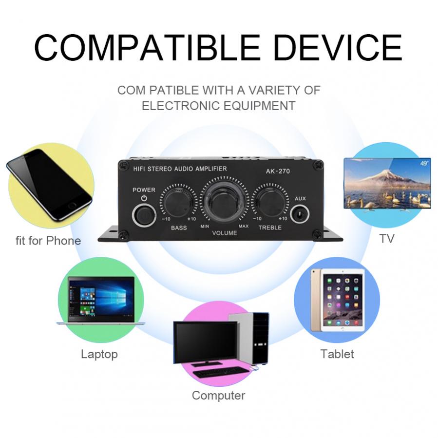 Ak270 hifi stereo effektforsterker lyd til bil karaoke hjemmekino 2 kanals klasse d lydforsterker støtte usb sd aux inngang