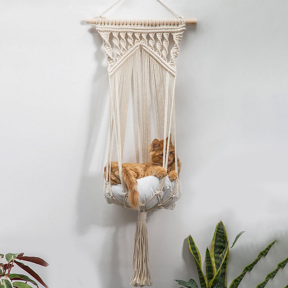 Macrame Cat Hammock,Macrame Hanging Swing Cat Dog Pet Bed with Hanging Kit for Indoor Cats Hand-Woven Hanging Basket Home Decor