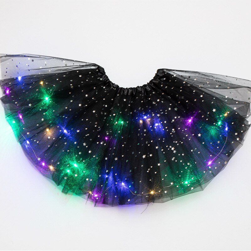 Ins Volwassen Pailletten Met Verlichting Led Tutu Rok Lichtgevende Halve Lengte Mesh Rok Led Licht Onverzorgd Rok: black