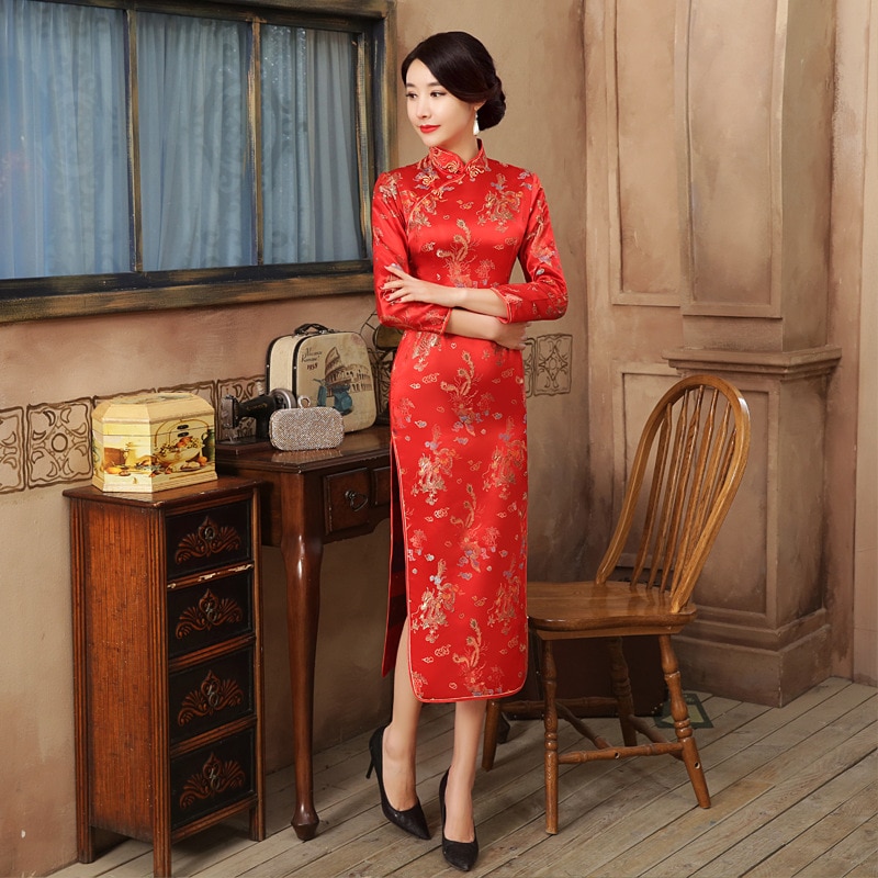 Chino rojo novia boda Qipao vestido femenino Sexy mujeres largo de satén manga Cheongsam estilo chino dragón vestidos de Phoenix