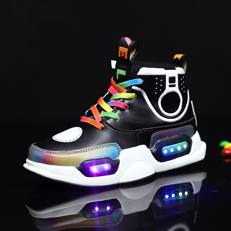 Meninos brilhantes tênis 2019 novas crianças led sapatos usb charing led de volta luz sapatos meninas flash luminosa tênis zapatillas nina: Black / 1