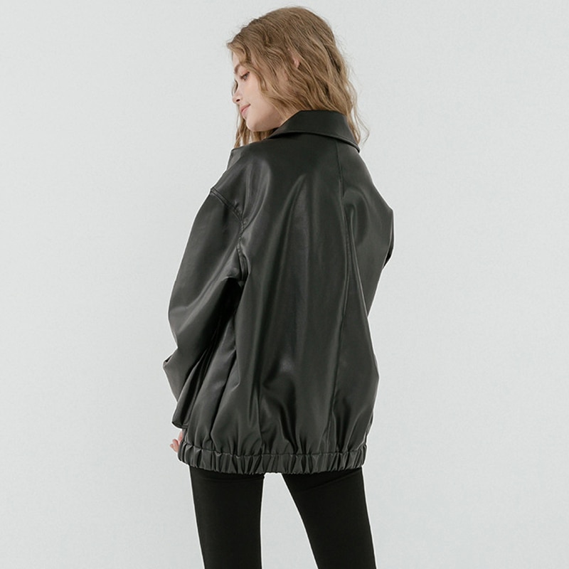 Lautaro veste en cuir surdimensionné femmes fermeture éclair manches longues col rabattu ample noir grande taille faux cuir vestes pour les femmes