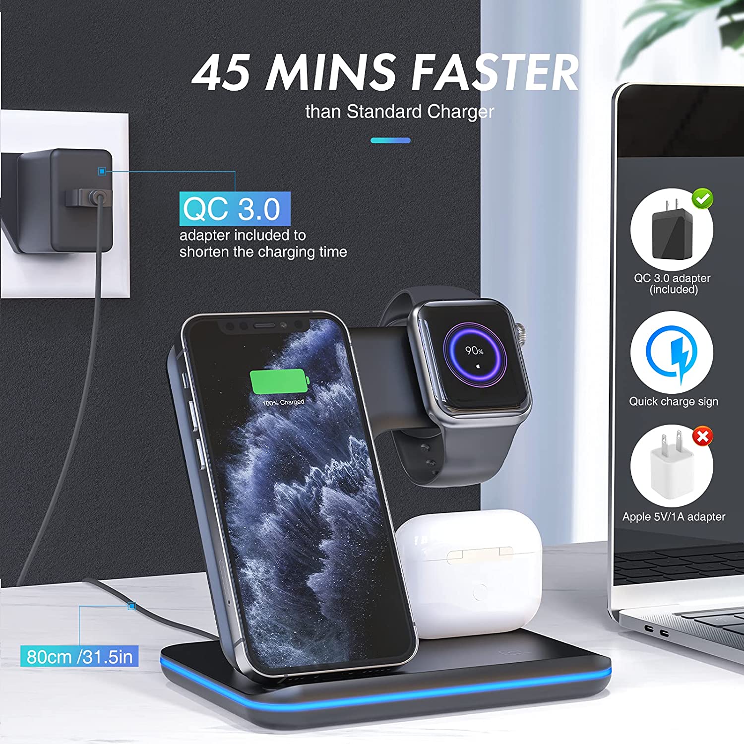 DCAE Qi Fast Wireless Charger Stand 3 in 1 Charging Station 15W Pad Dock for Apple Watch 7 AirPods Pro iPhone 13 12 11 XS XR X 8