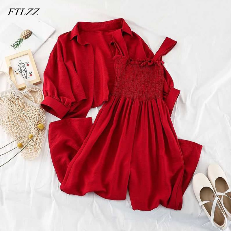 FTLZZ Summer Two Pieces Set Women Loose Short Sunscreen Jacket + Suspending Rompers Clothing Female Casual Holidays Suit