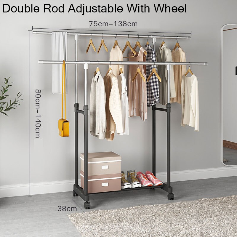 Adjustable Rolling Coat Rack Double Rod Clothes Rack Stainless Steel Hanger Floor Storage Organizer Clothing Wall Coat Racks: DoubleAdjustableWhee