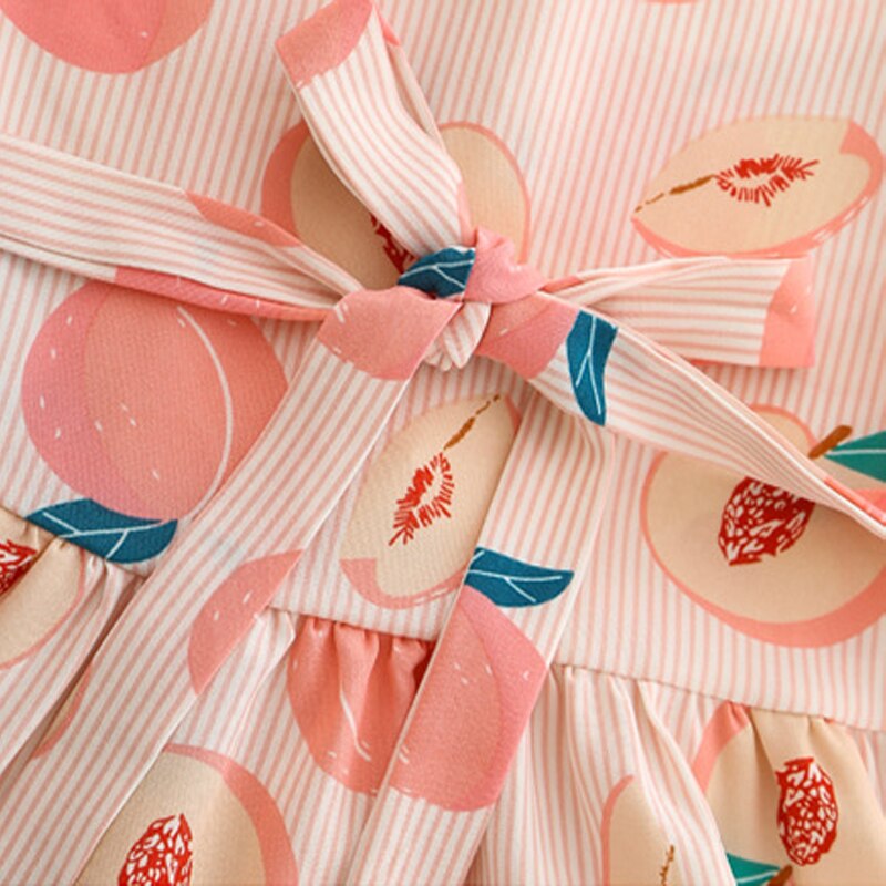 Vestito estivo da ragazza vestito Casual da bambina a trapezio al ginocchio con stampa di frutta vestito da bambina elegante in cotone con fiocco in cotone per bambina