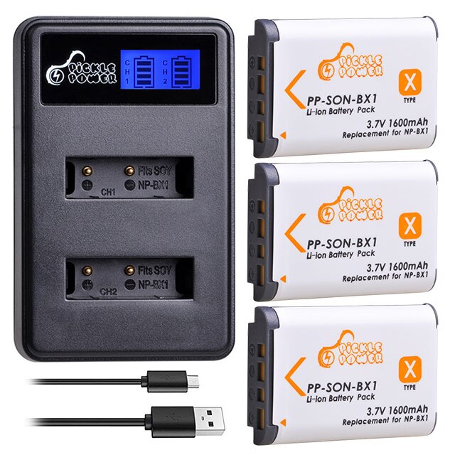 Caricatore doppio di USB dell&#39;affissione a cristalli liquidi della batteria di 1600mAh NP-BX1 NP BX1 per Sony FDR-X3000R RX100 AS100V AS300 HX400 HX60 AS50 WX350 AS300V ZV-1: 3 Battery 1 Charger