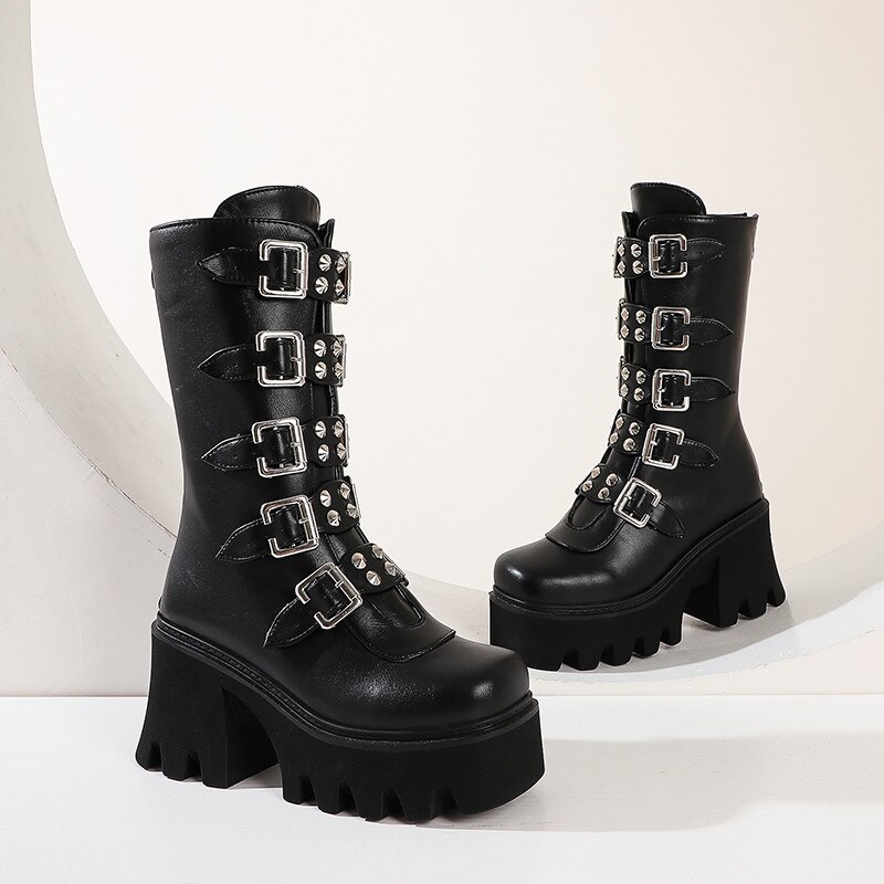 Punk rock stoom metalen gesp motorlaarzen dames klinknagel dikke hak korte laarsjes dikke platform gothic schoenen dame: 38