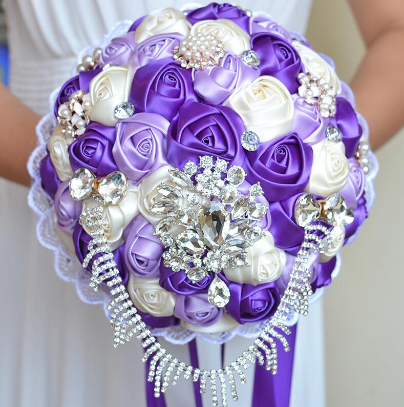 JaneVini Flores Boda Royal Blue Wedding Bridal Bouquet Luxury Crystal Beaded Bride Flower Bouquet Sposa Rhinestones Satin Brooch: Purple