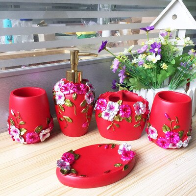 Wedding Bathroom Set- Pink Bathroom Accessories Kit-Red Resin Five-piece Set-Soap Dispenser-Toothbrush Holder: E