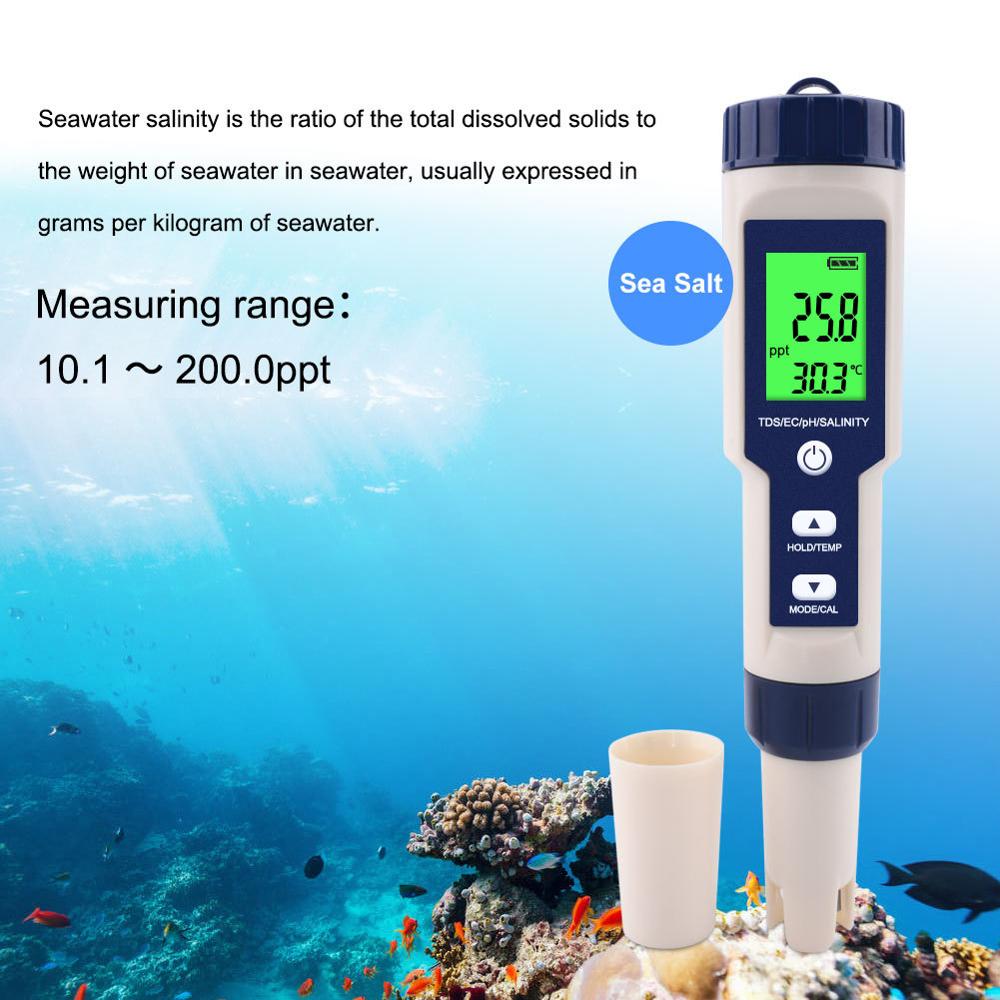 5 in 1 tds/ec/salinity/tem meter digital vandmonitor tester saltindholdstester til pools, drikkevand, akvarier, spa