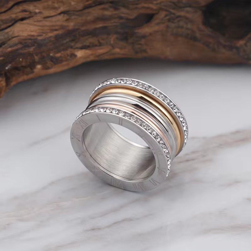 Anillos grandes elegantes de acero inoxidable para Mujer, anillo de circón brillante con alfabeto romano, Anillos gruesos para Mujer, joyería para y boda de lujo